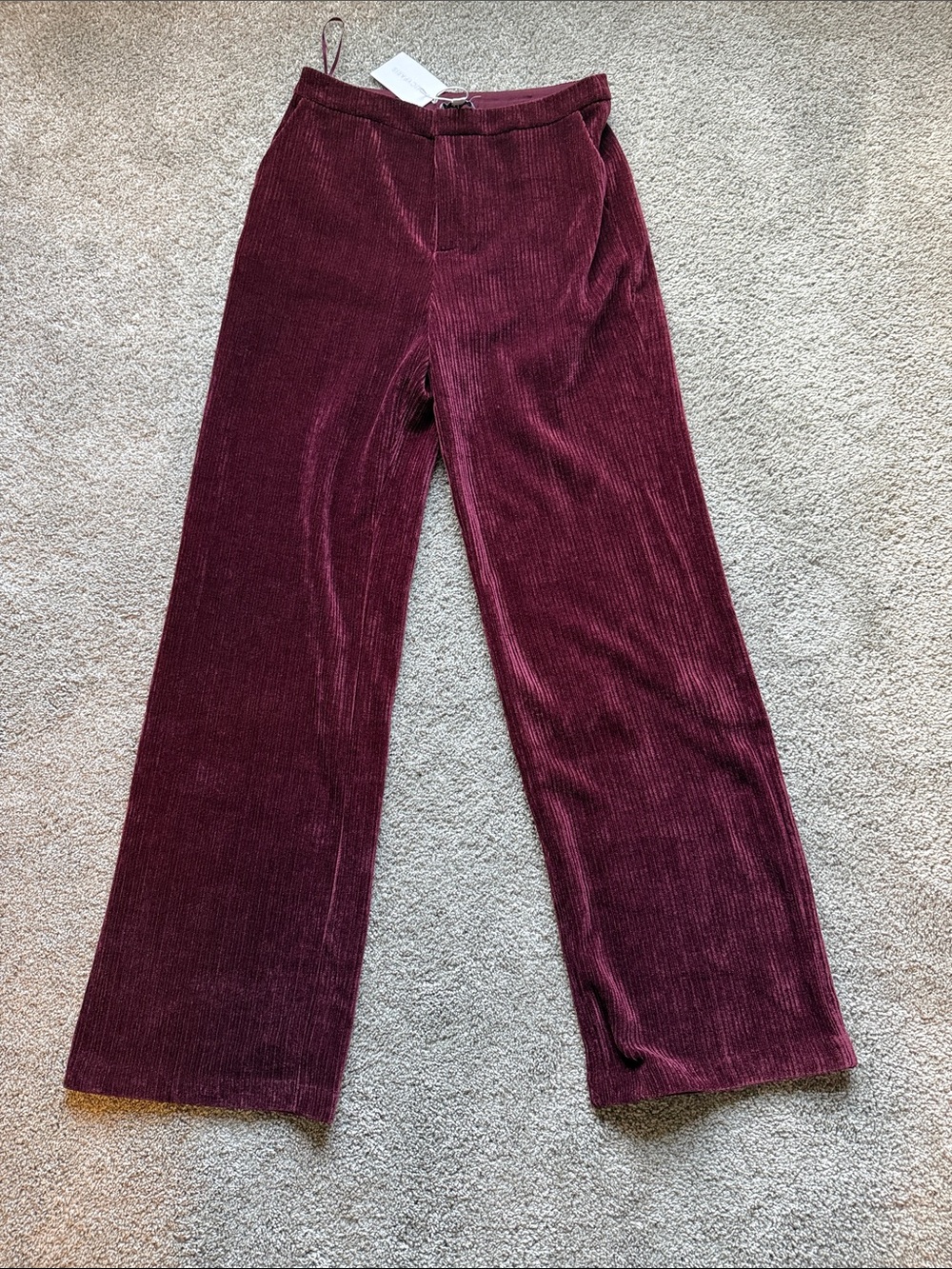 Wide-Leg Velvet Ribbed Pants - Burgundy